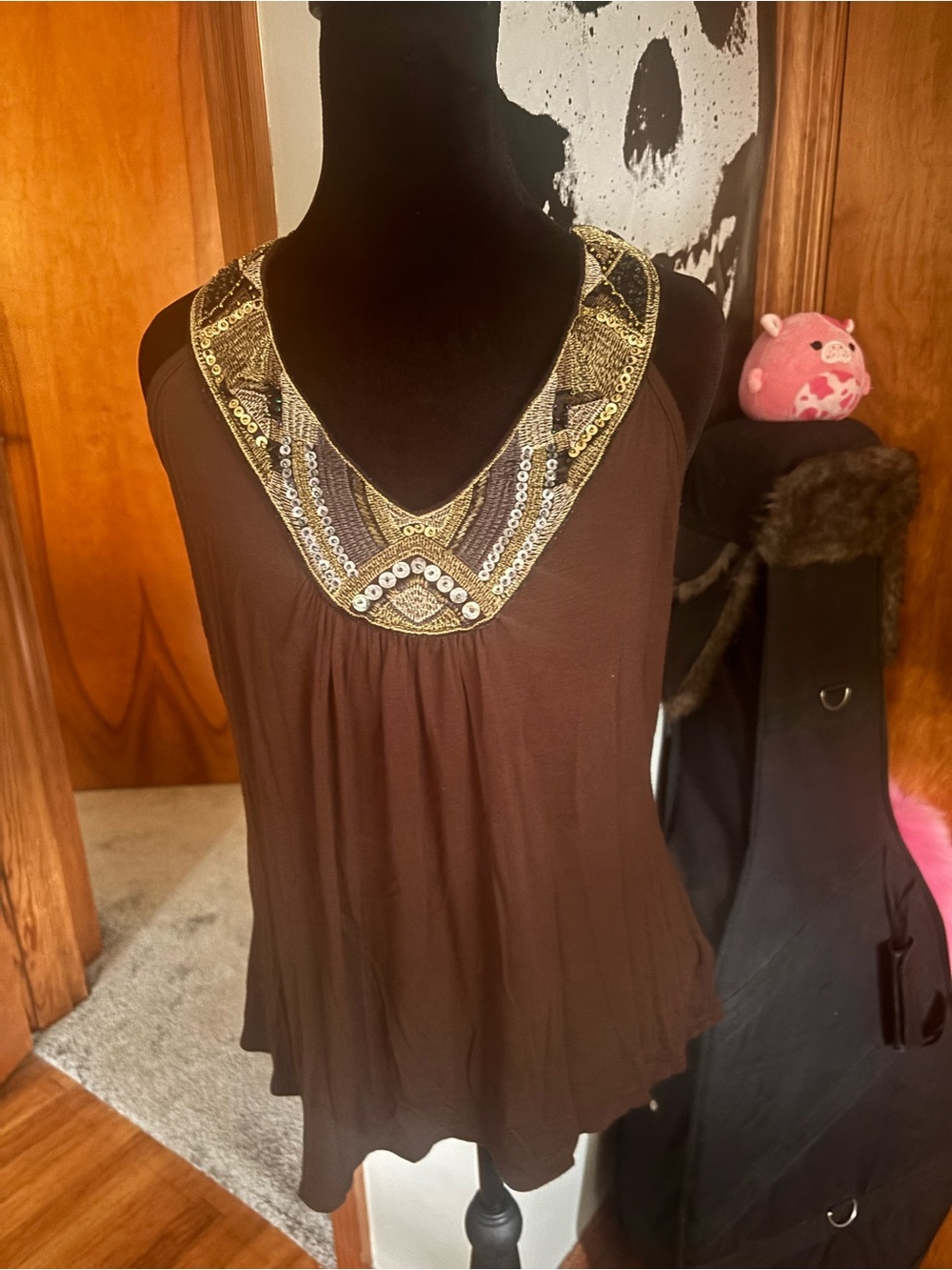 Beaded Embellished Brown Sleeveless Women's Top